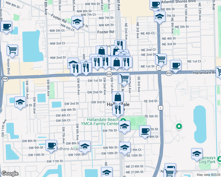 map of restaurants, bars, coffee shops, grocery stores, and more near 200 Southwest 1st Avenue in Hallandale Beach