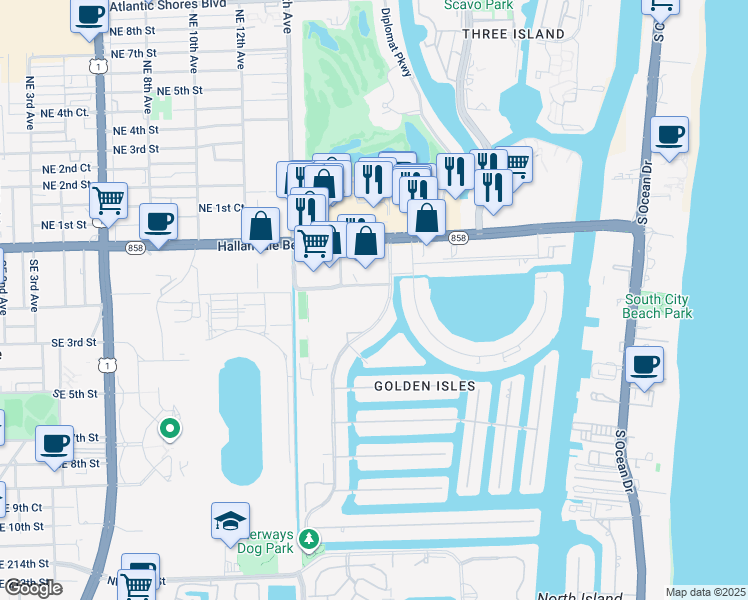 map of restaurants, bars, coffee shops, grocery stores, and more near 62 Blue Heron Drive in Hallandale Beach