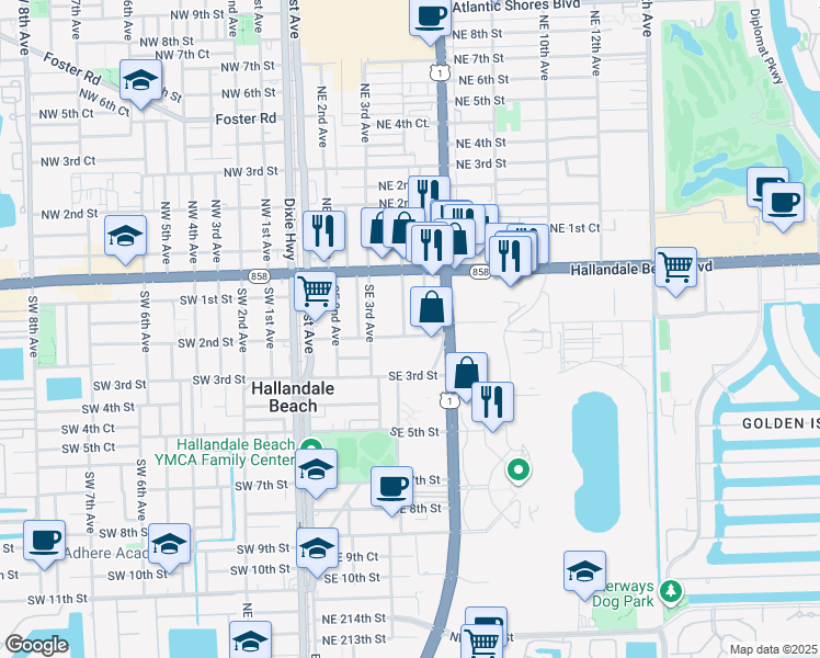 map of restaurants, bars, coffee shops, grocery stores, and more near 330 Southeast 2nd Street in Hallandale Beach