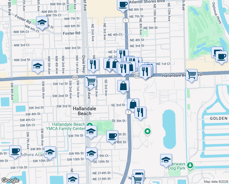 map of restaurants, bars, coffee shops, grocery stores, and more near 330 Southeast 2nd Street in Hallandale Beach