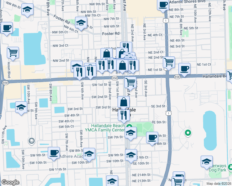 map of restaurants, bars, coffee shops, grocery stores, and more near 200 Southwest 1st Avenue in Hallandale Beach