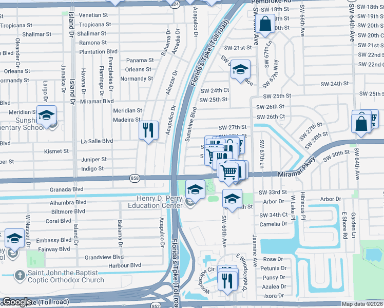 map of restaurants, bars, coffee shops, grocery stores, and more near 7081 Southwest 30th Street in Miramar
