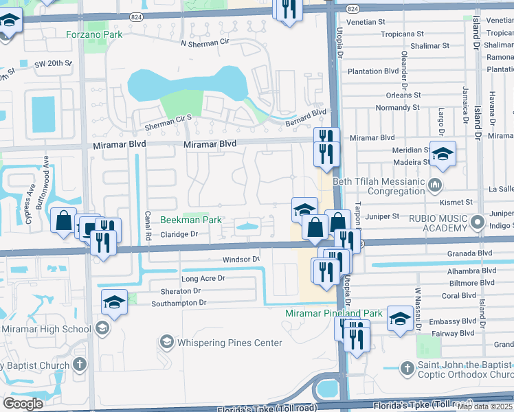 map of restaurants, bars, coffee shops, grocery stores, and more near 8389 North Missionwood Circle in Miramar