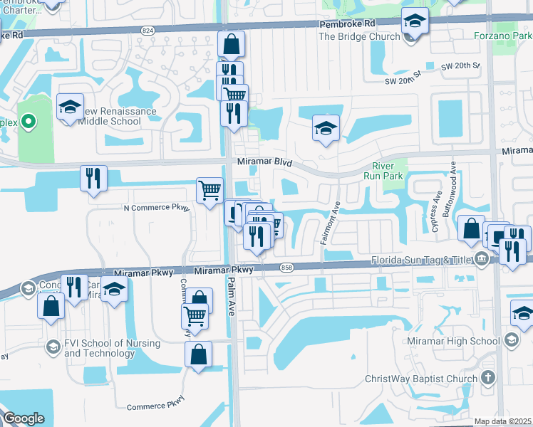 map of restaurants, bars, coffee shops, grocery stores, and more near 9910 River Run Circle South in Miramar