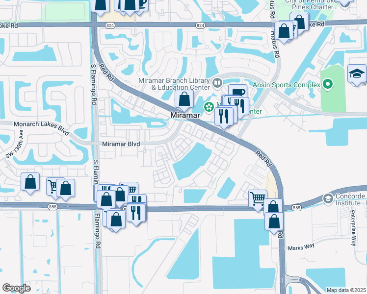 map of restaurants, bars, coffee shops, grocery stores, and more near 2630 Southwest 119th Terrace in Miramar