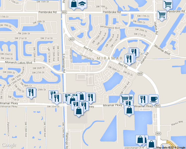map of restaurants, bars, coffee shops, grocery stores, and more near 2656 Southwest 120th Terrace in Miramar