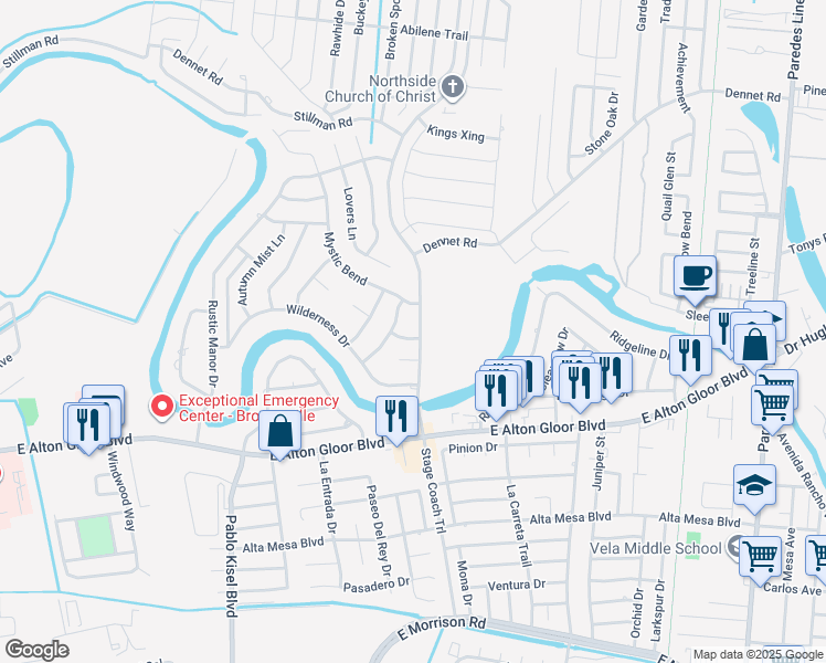 map of restaurants, bars, coffee shops, grocery stores, and more near 5322 Sterling Moon Court in Brownsville