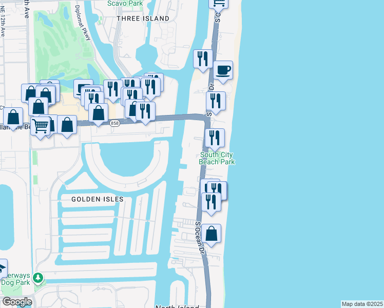 map of restaurants, bars, coffee shops, grocery stores, and more near 1889 South Ocean Drive in Hallandale Beach