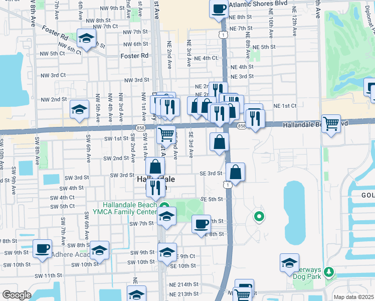 map of restaurants, bars, coffee shops, grocery stores, and more near 129 Southeast 2nd Terrace in Hallandale Beach