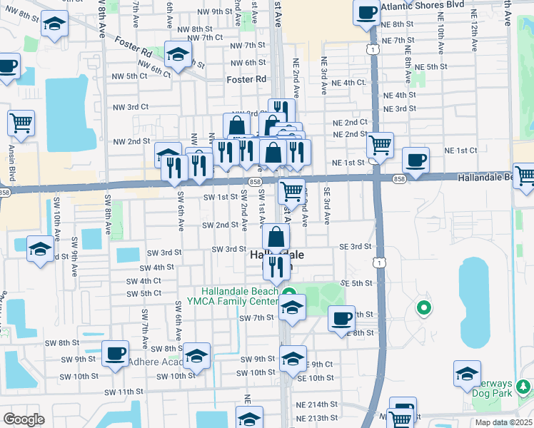 map of restaurants, bars, coffee shops, grocery stores, and more near 200 Southwest 1st Avenue in Hallandale Beach