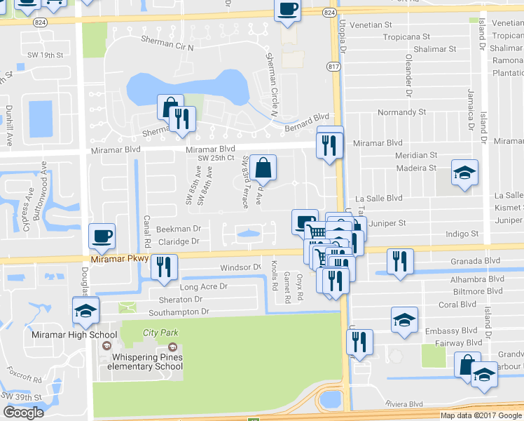 map of restaurants, bars, coffee shops, grocery stores, and more near 8322 North Missionwood Circle in Miramar