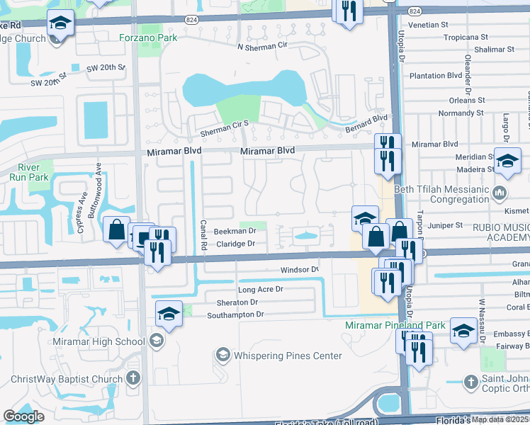 map of restaurants, bars, coffee shops, grocery stores, and more near in Miramar