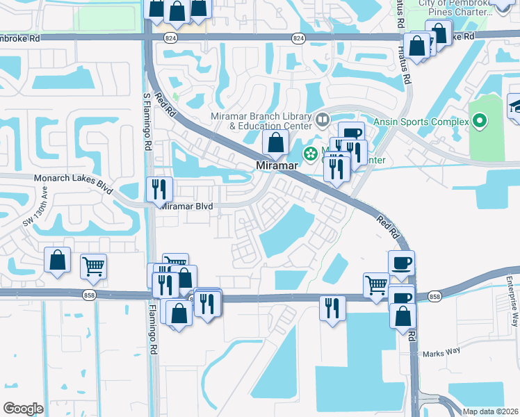 map of restaurants, bars, coffee shops, grocery stores, and more near 2630 Southwest 119th Terrace in Miramar