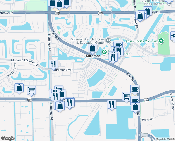 map of restaurants, bars, coffee shops, grocery stores, and more near 2630 Southwest 119th Terrace in Miramar