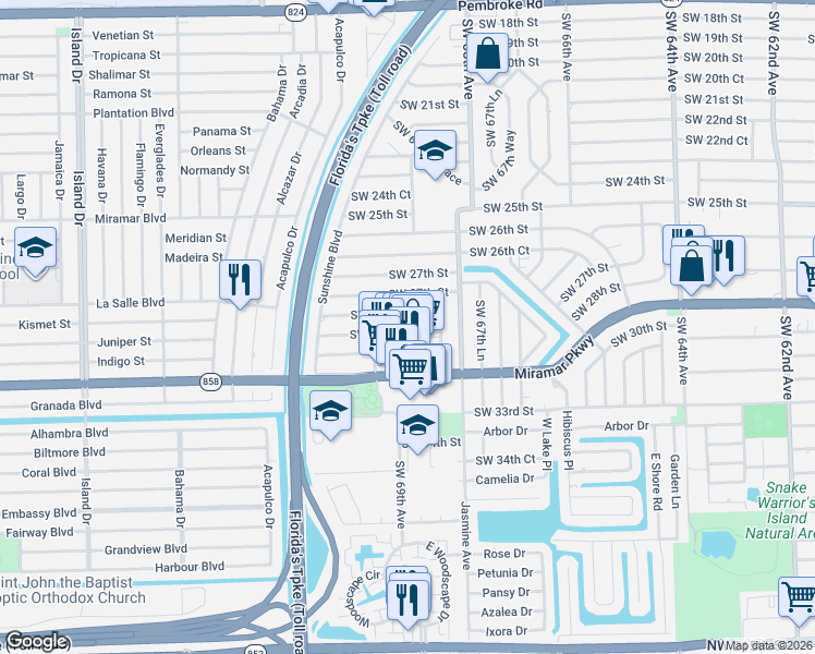 map of restaurants, bars, coffee shops, grocery stores, and more near 6835 Miramar Parkway in Miramar
