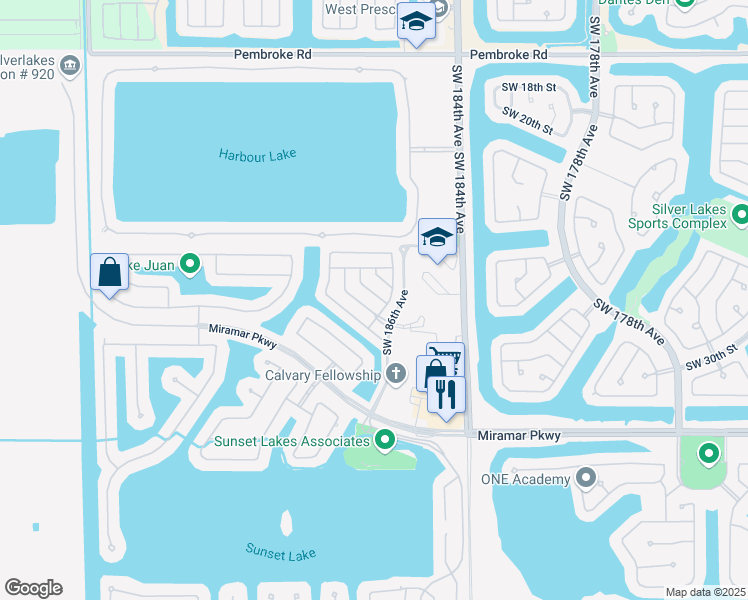 map of restaurants, bars, coffee shops, grocery stores, and more near 2921 Southwest 28th Street in Miramar