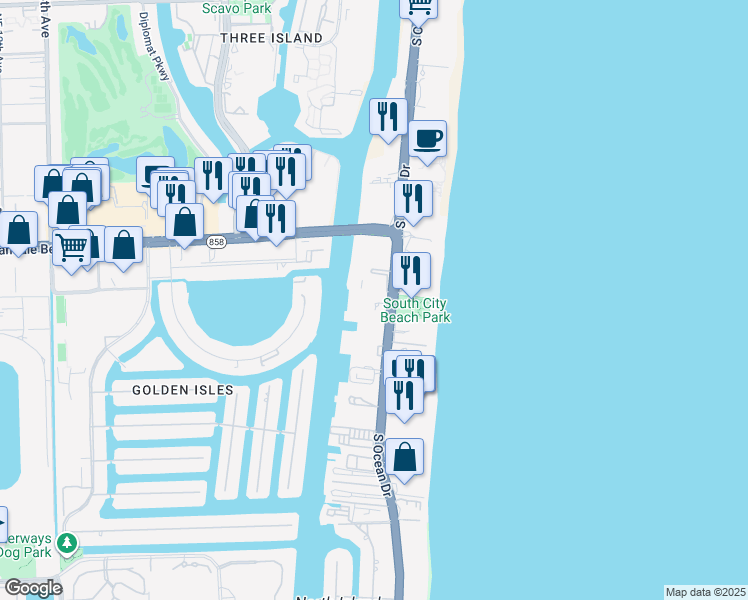 map of restaurants, bars, coffee shops, grocery stores, and more near 1889 South Ocean Drive in Hallandale Beach