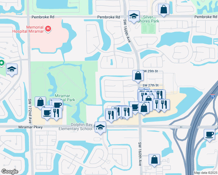 map of restaurants, bars, coffee shops, grocery stores, and more near 16436 Southwest 27th Street in Miramar
