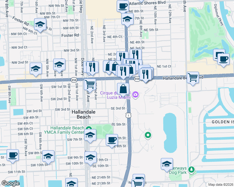 map of restaurants, bars, coffee shops, grocery stores, and more near 110 Southeast 5th Avenue in Hallandale Beach