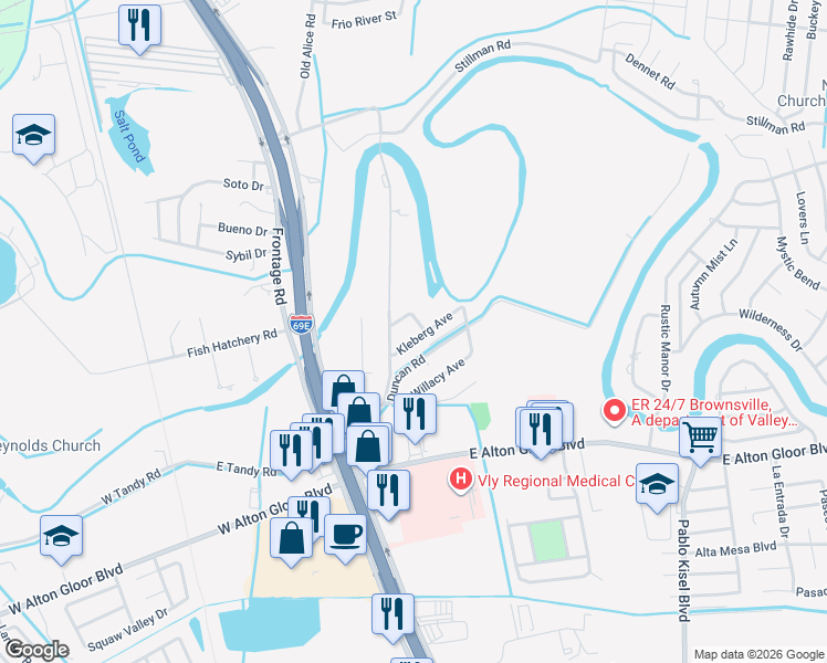 map of restaurants, bars, coffee shops, grocery stores, and more near 131 Nueces Avenue in Brownsville