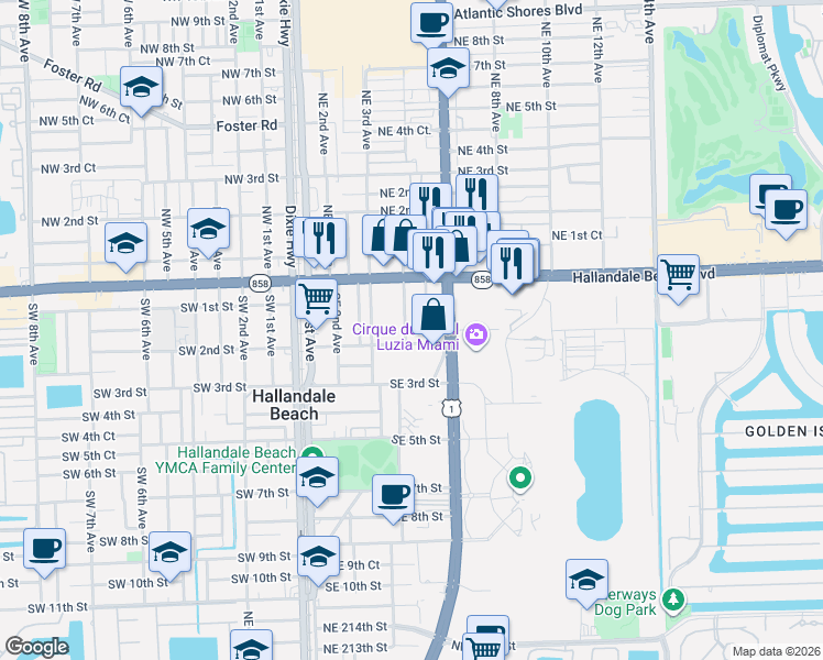 map of restaurants, bars, coffee shops, grocery stores, and more near 110 Southeast 5th Avenue in Hallandale Beach