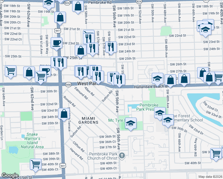 map of restaurants, bars, coffee shops, grocery stores, and more near 5485 West Hallandale Beach Boulevard in West Park