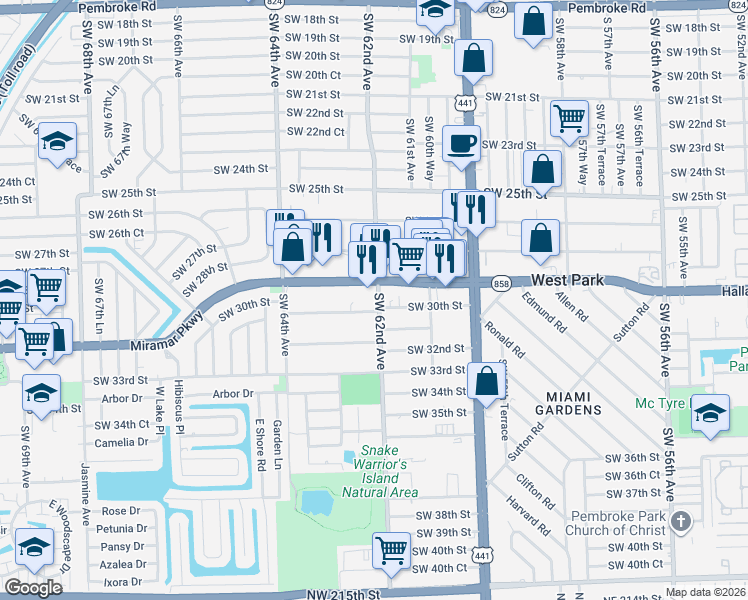 map of restaurants, bars, coffee shops, grocery stores, and more near 6201 Miramar Parkway in Miramar
