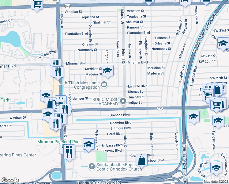map of restaurants, bars, coffee shops, grocery stores, and more near 7750 La Salle Boulevard in Miramar