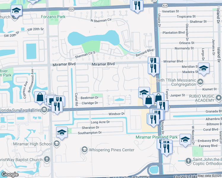map of restaurants, bars, coffee shops, grocery stores, and more near Southwest 84th Avenue in Miramar