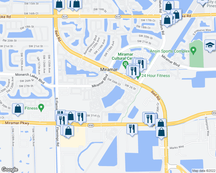 map of restaurants, bars, coffee shops, grocery stores, and more near 11878 Southwest 25th Court in Miramar
