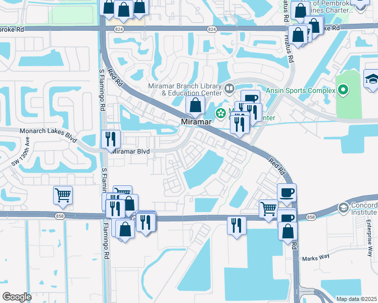 map of restaurants, bars, coffee shops, grocery stores, and more near 11878 Southwest 25th Court in Miramar