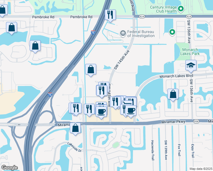 map of restaurants, bars, coffee shops, grocery stores, and more near 2350-2462 Southwest 145th Avenue in Miramar