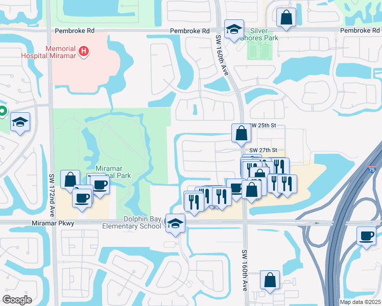 map of restaurants, bars, coffee shops, grocery stores, and more near 16436 Southwest 27th Street in Miramar