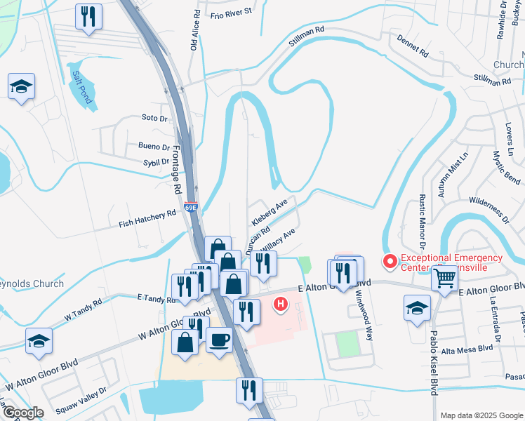 map of restaurants, bars, coffee shops, grocery stores, and more near 131 Nueces Avenue in Brownsville
