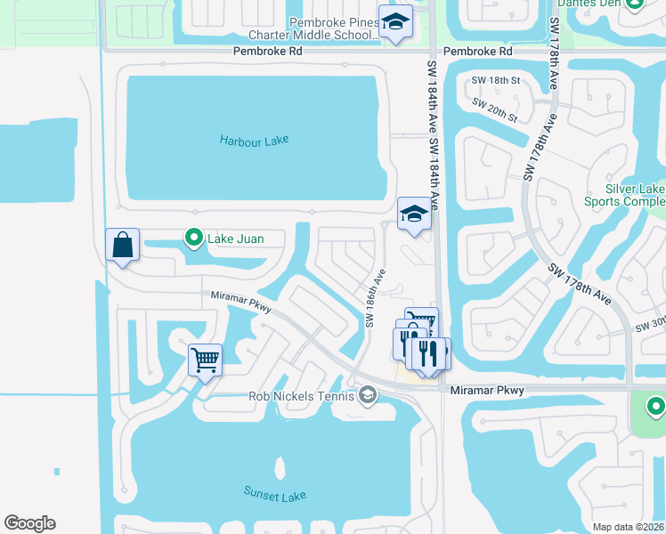 map of restaurants, bars, coffee shops, grocery stores, and more near 2635 Southwest 188th Terrace in Miramar