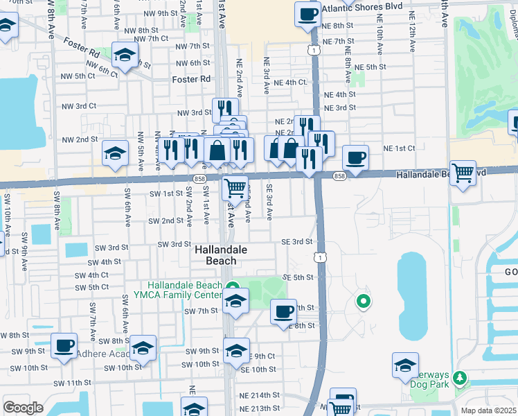 map of restaurants, bars, coffee shops, grocery stores, and more near 105 Southeast 2nd Avenue in Hallandale Beach