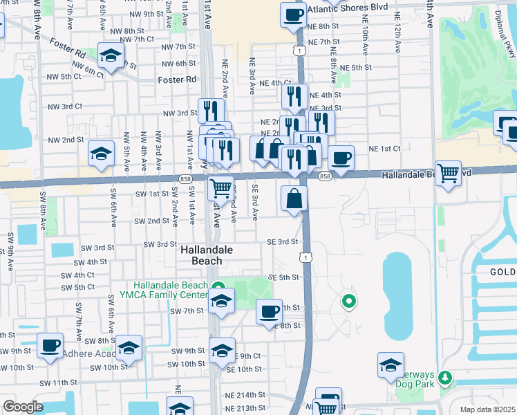 map of restaurants, bars, coffee shops, grocery stores, and more near 41 Southeast 3rd Avenue in Hallandale Beach