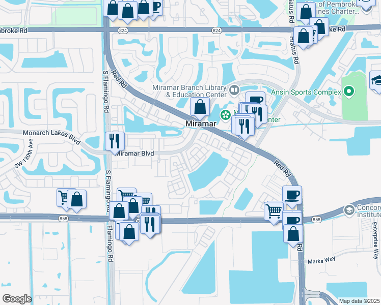map of restaurants, bars, coffee shops, grocery stores, and more near 11878 Southwest 25th Court in Miramar