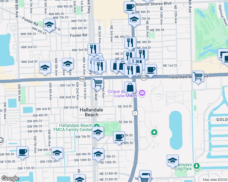 map of restaurants, bars, coffee shops, grocery stores, and more near 41 Southeast 3rd Avenue in Hallandale Beach