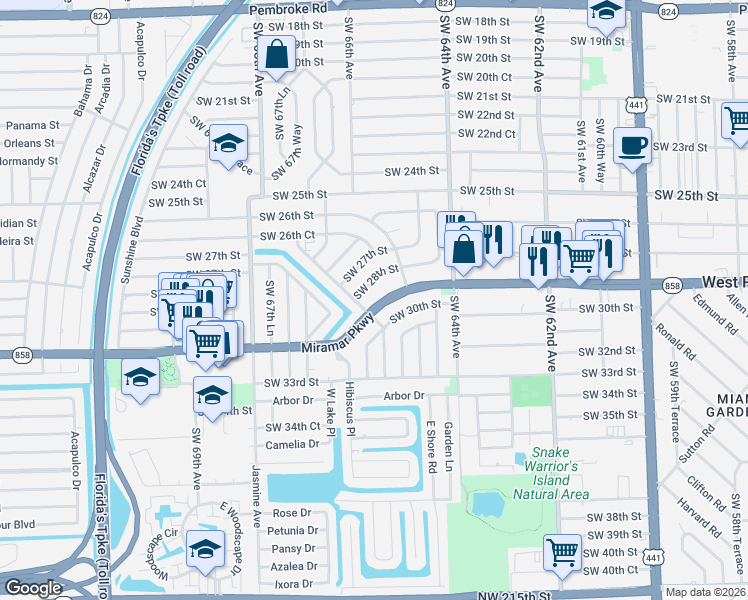map of restaurants, bars, coffee shops, grocery stores, and more near 6557 Southwest 28th Street in Miramar