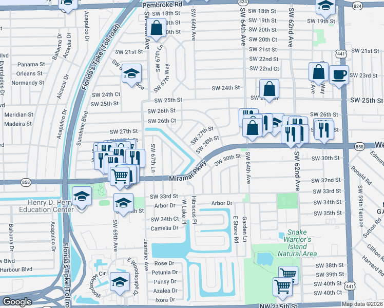map of restaurants, bars, coffee shops, grocery stores, and more near 2722 Southwest 66th Terrace in Miramar