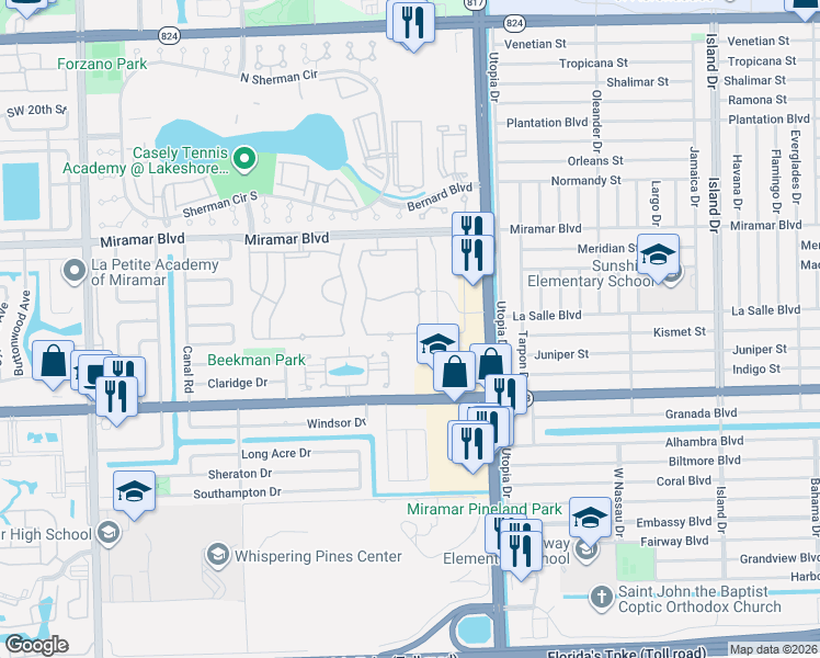 map of restaurants, bars, coffee shops, grocery stores, and more near 2767 Southwest 82nd Avenue in Miramar