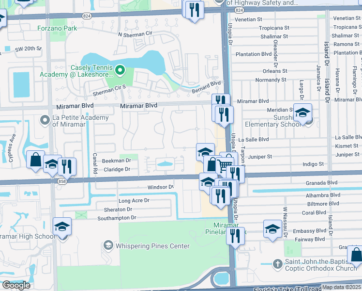 map of restaurants, bars, coffee shops, grocery stores, and more near 8268 Southwest 27th Street in Miramar