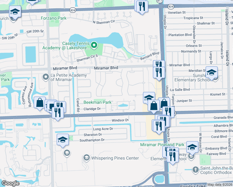 map of restaurants, bars, coffee shops, grocery stores, and more near Southwest 84th Avenue in Miramar