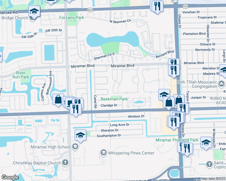 map of restaurants, bars, coffee shops, grocery stores, and more near 2748 Southwest 84th Terrace in Miramar