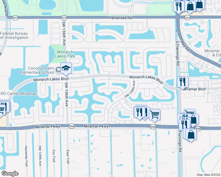 map of restaurants, bars, coffee shops, grocery stores, and more near 2700 Southwest 131st Terrace in Miramar