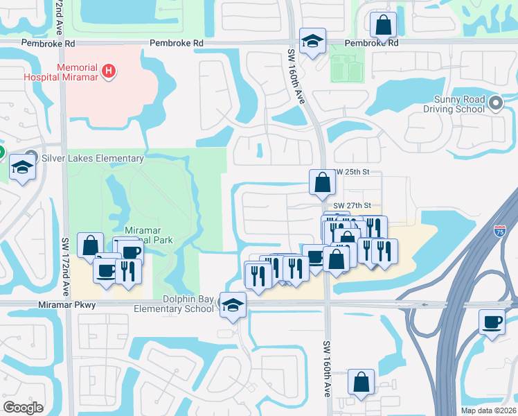 map of restaurants, bars, coffee shops, grocery stores, and more near 16436 Southwest 27th Street in Miramar