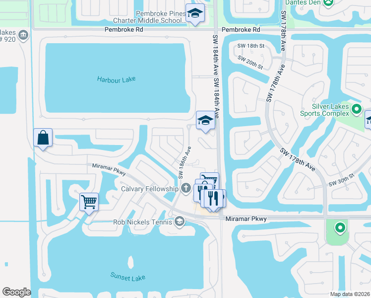 map of restaurants, bars, coffee shops, grocery stores, and more near 18753 Southwest 27th Street in Miramar