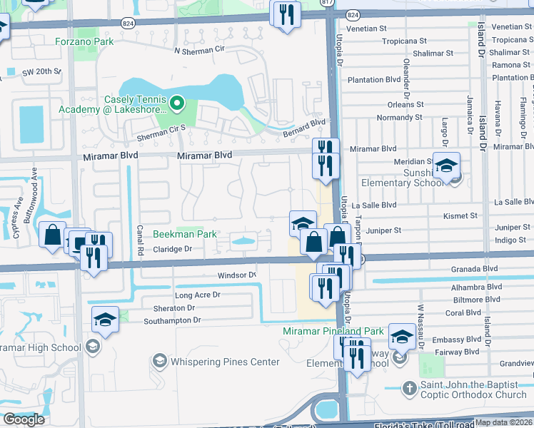 map of restaurants, bars, coffee shops, grocery stores, and more near 8268 Southwest 27th Street in Miramar