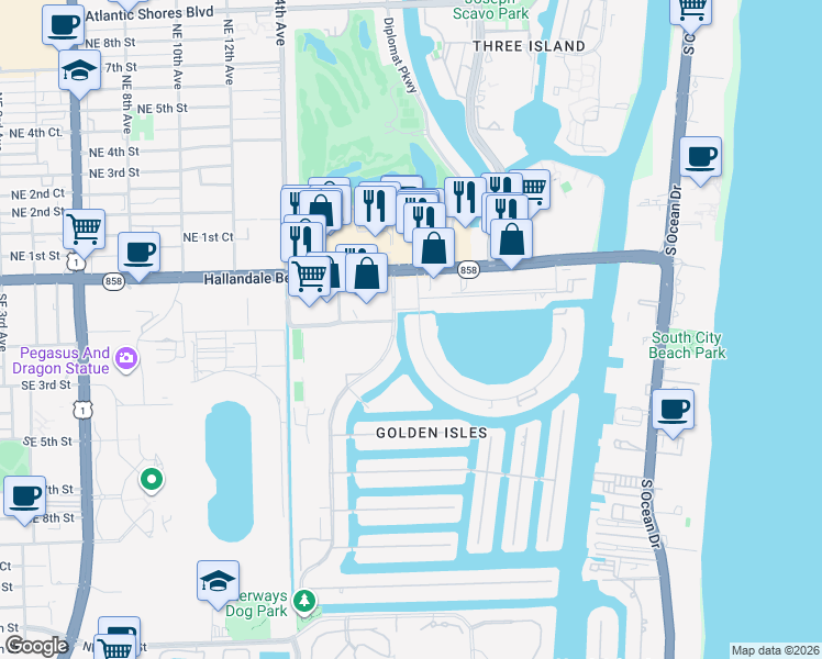 map of restaurants, bars, coffee shops, grocery stores, and more near 150 Layne Boulevard in Hallandale Beach